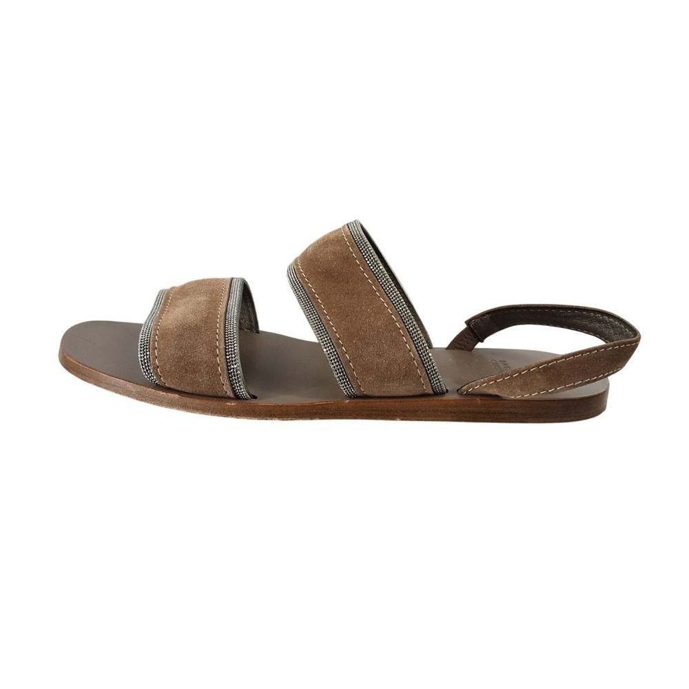 Brunello Cucinelli Brown Suede‎ Monili Bead Slingback Sandals Made in Italy
